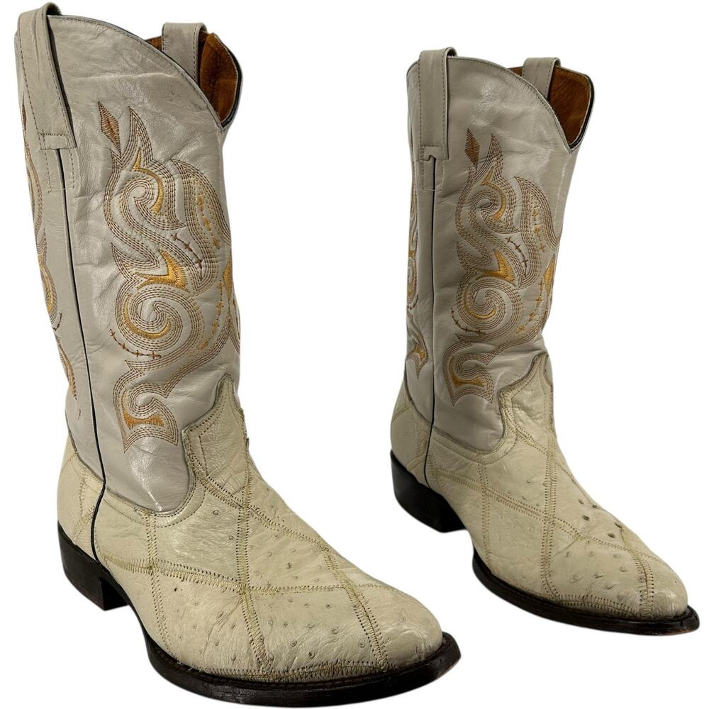 Vintage Men's Cream Leather Quill Ostrich Jhonny Western Cowboy Boots Sz 8M